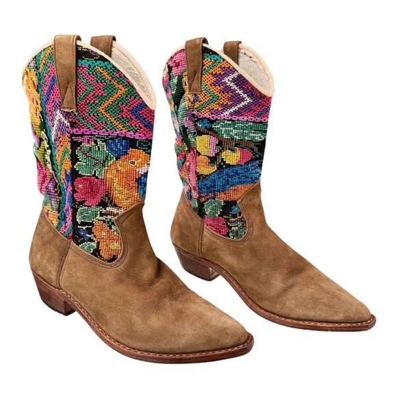 Genuine Suede Colorful Embroidered Southwestern Cowboy‎ Boots - Picture 2 of 8